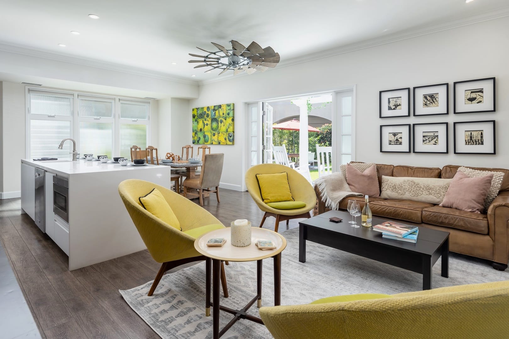 Modern open living and dining room.