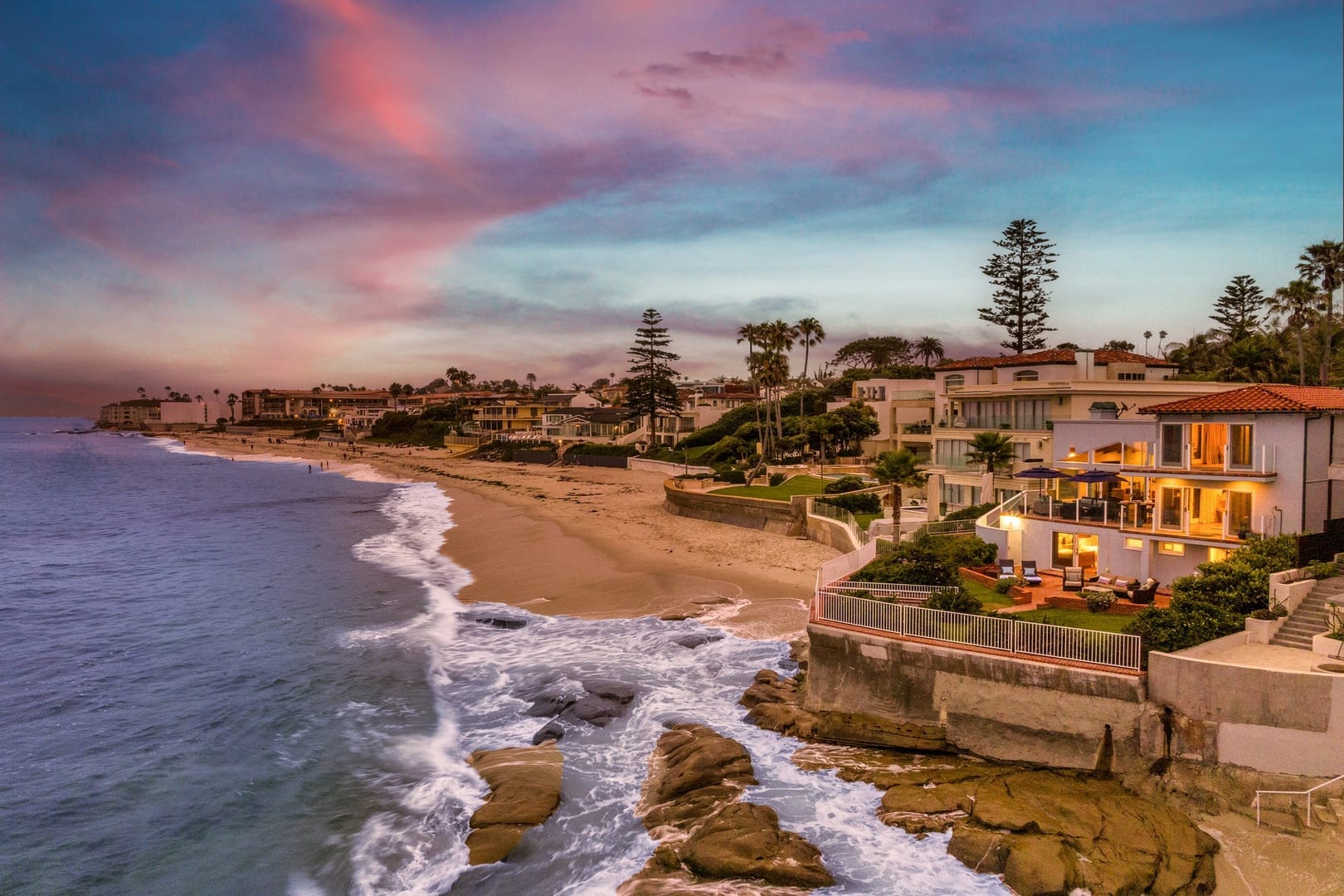 Oceanfront homes at sunset beach.