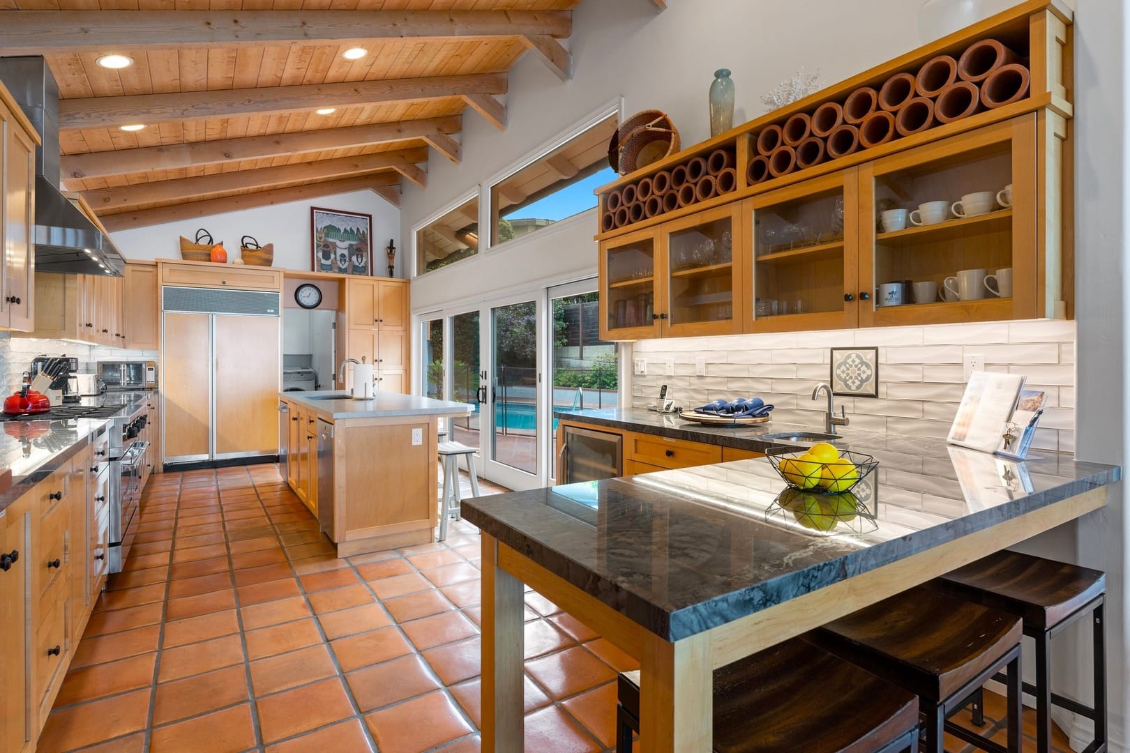 Modern kitchen with wooden cabinets.