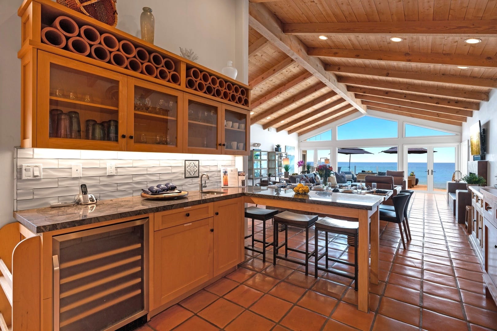 Rustic kitchen with ocean view.