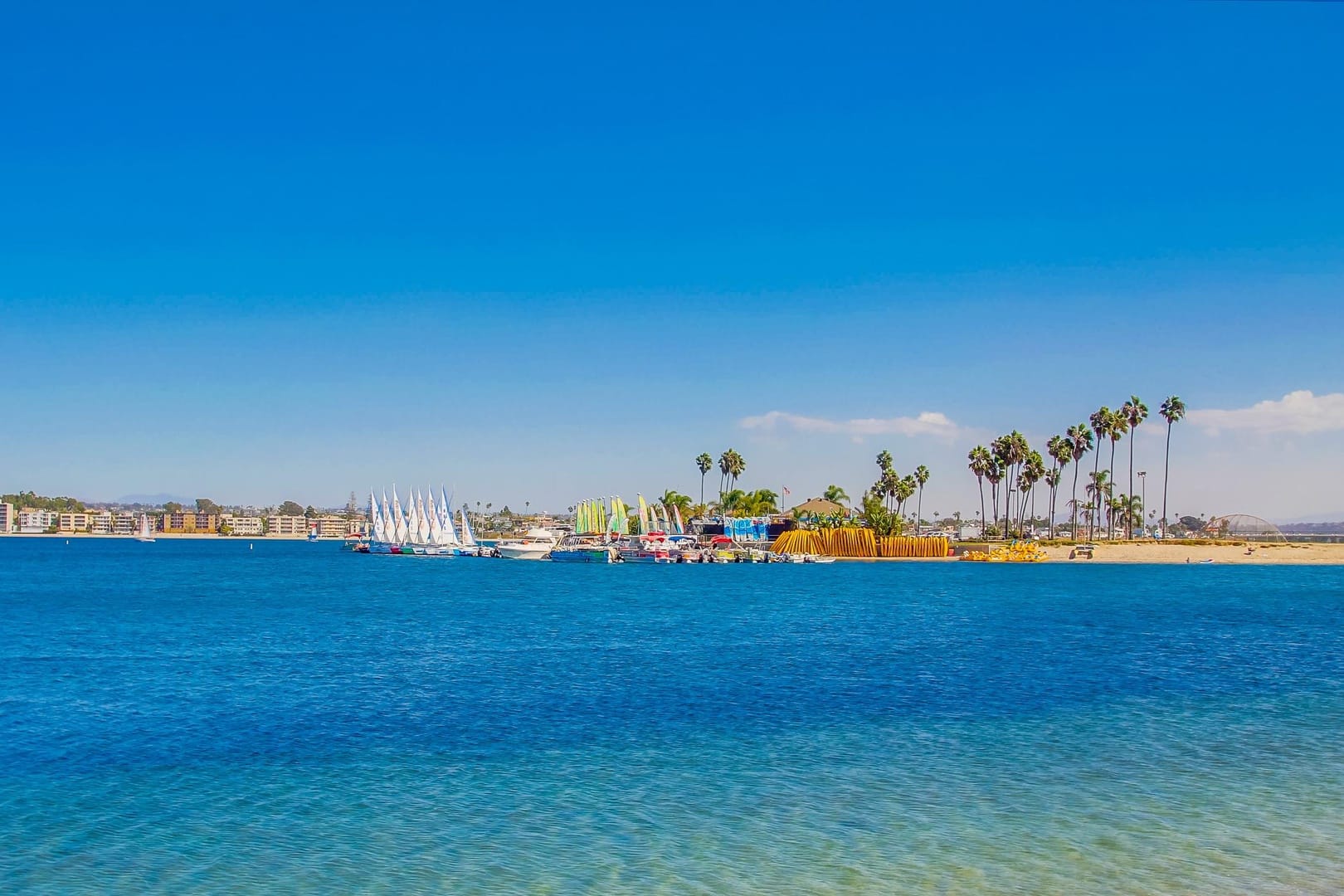 Beachfront with boats and palm trees