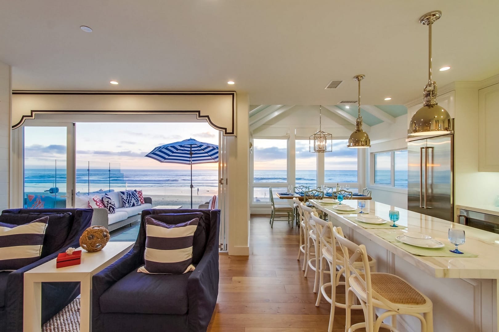 Beachfront living room and kitchen.