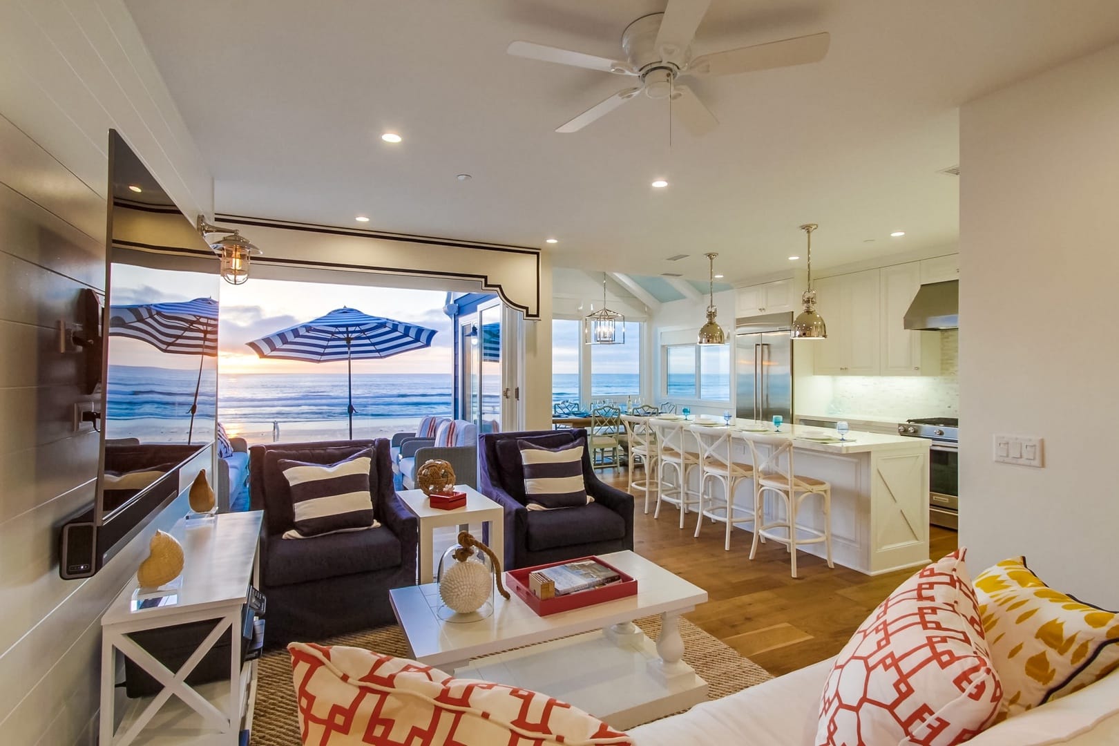 Beachfront living room and kitchen.