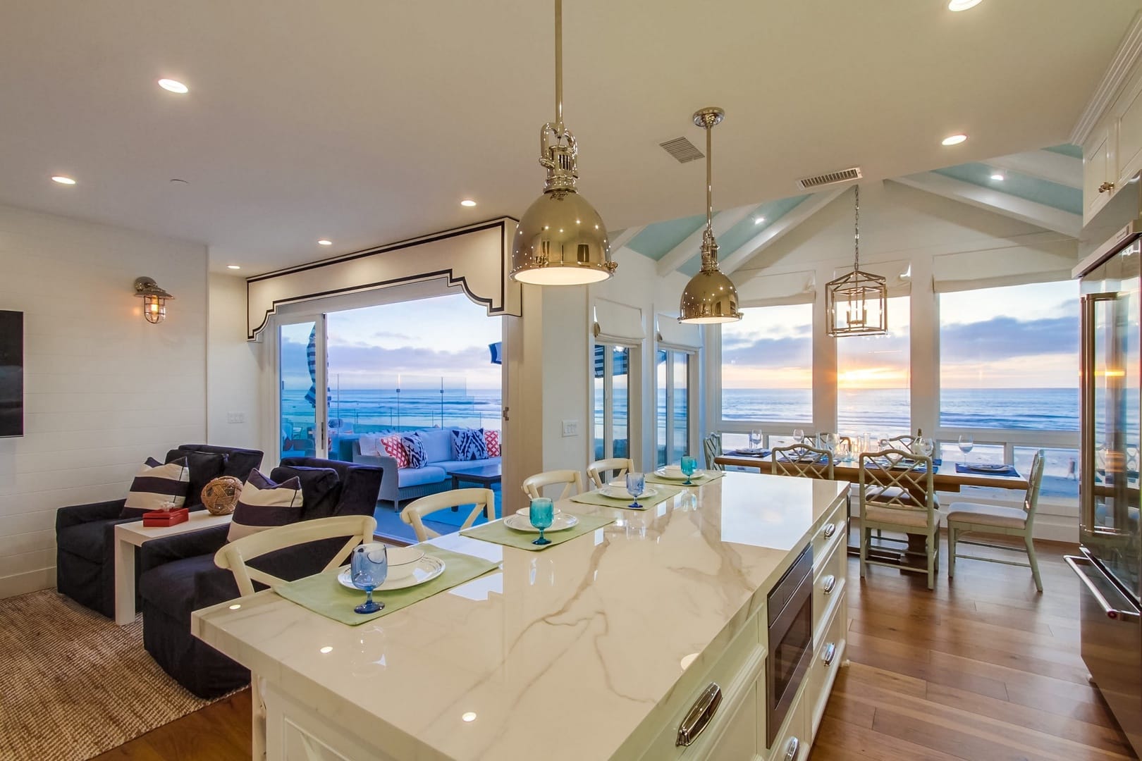 Beachfront kitchen and dining area.