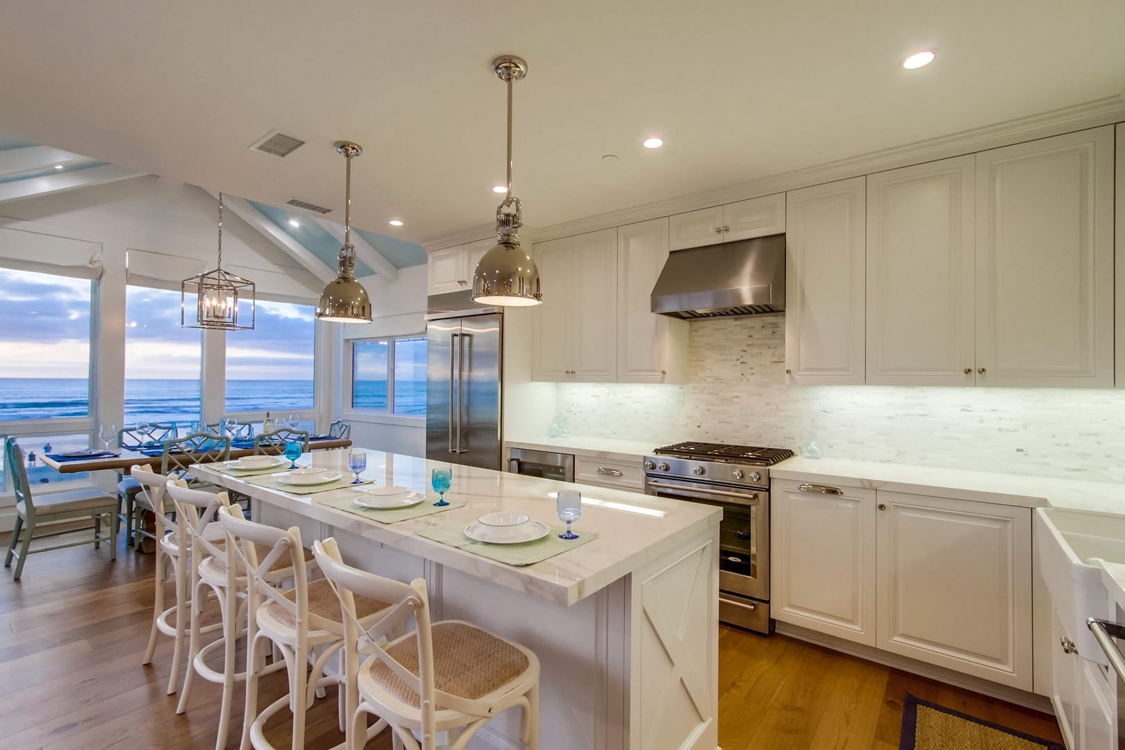 Coastal kitchen with ocean view.