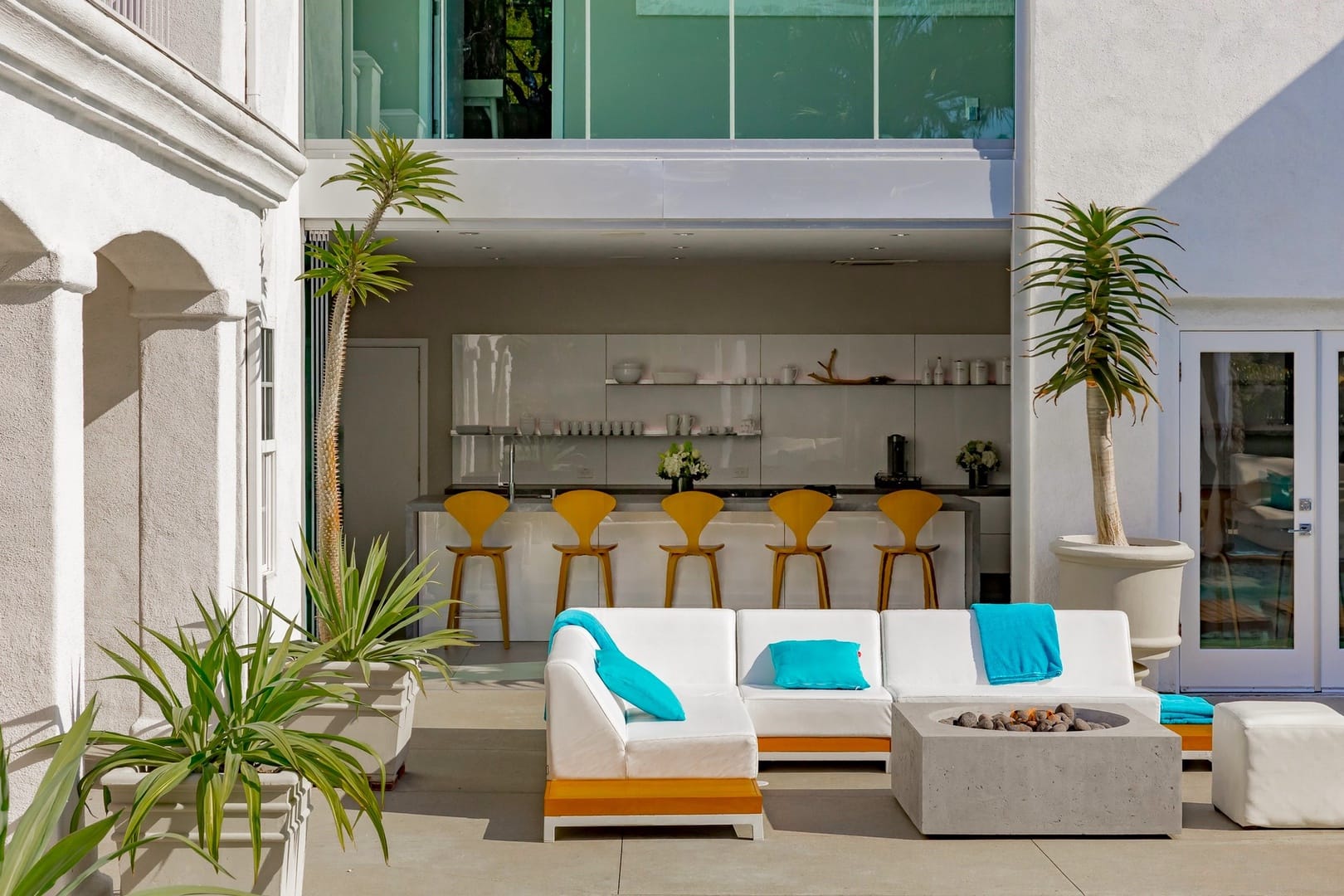 Modern outdoor patio with seating.