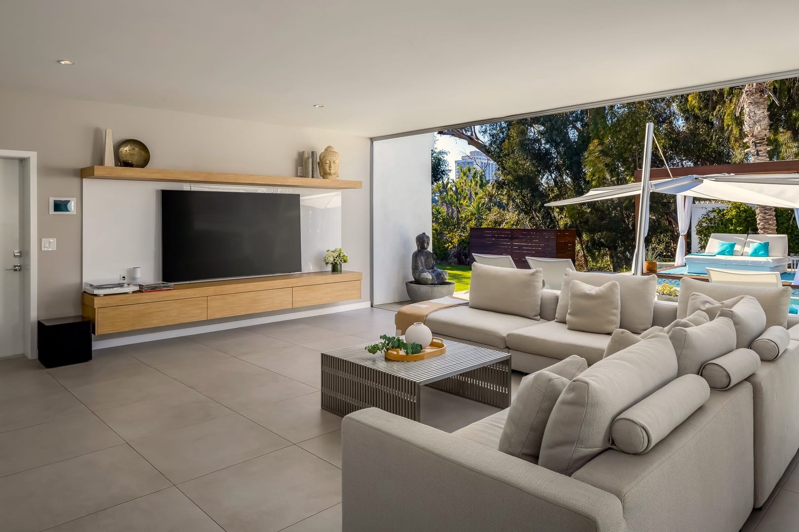 Modern living room with garden view.