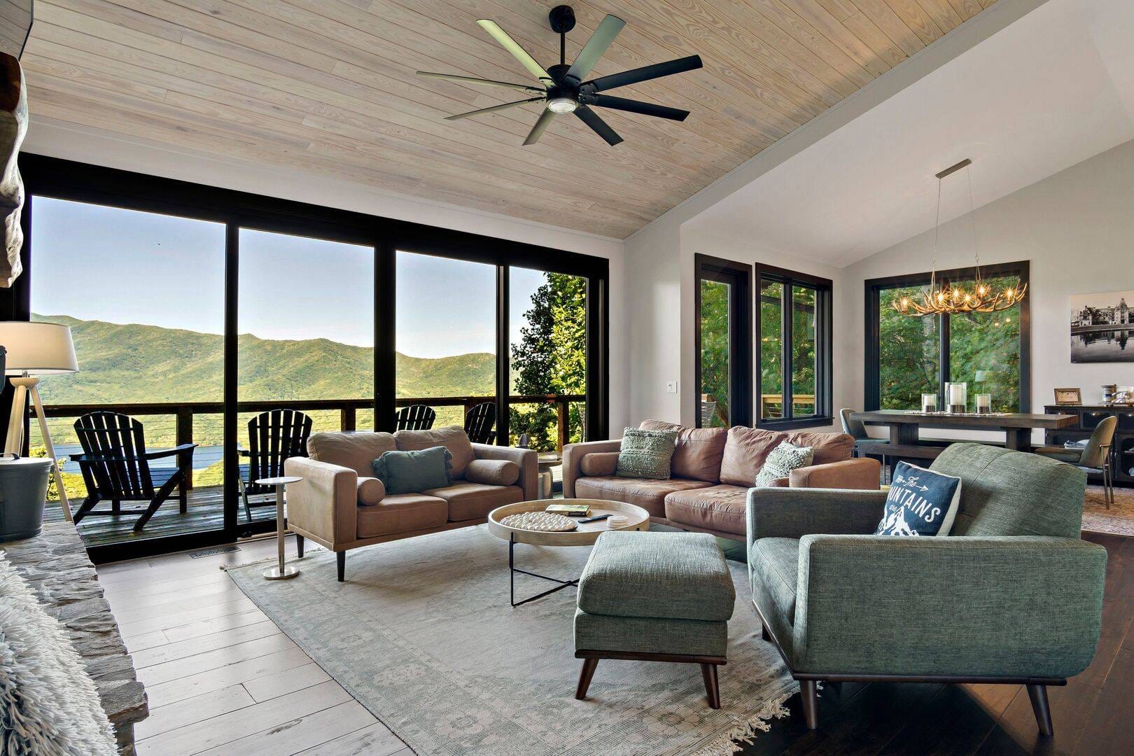 Modern living room with mountain view.