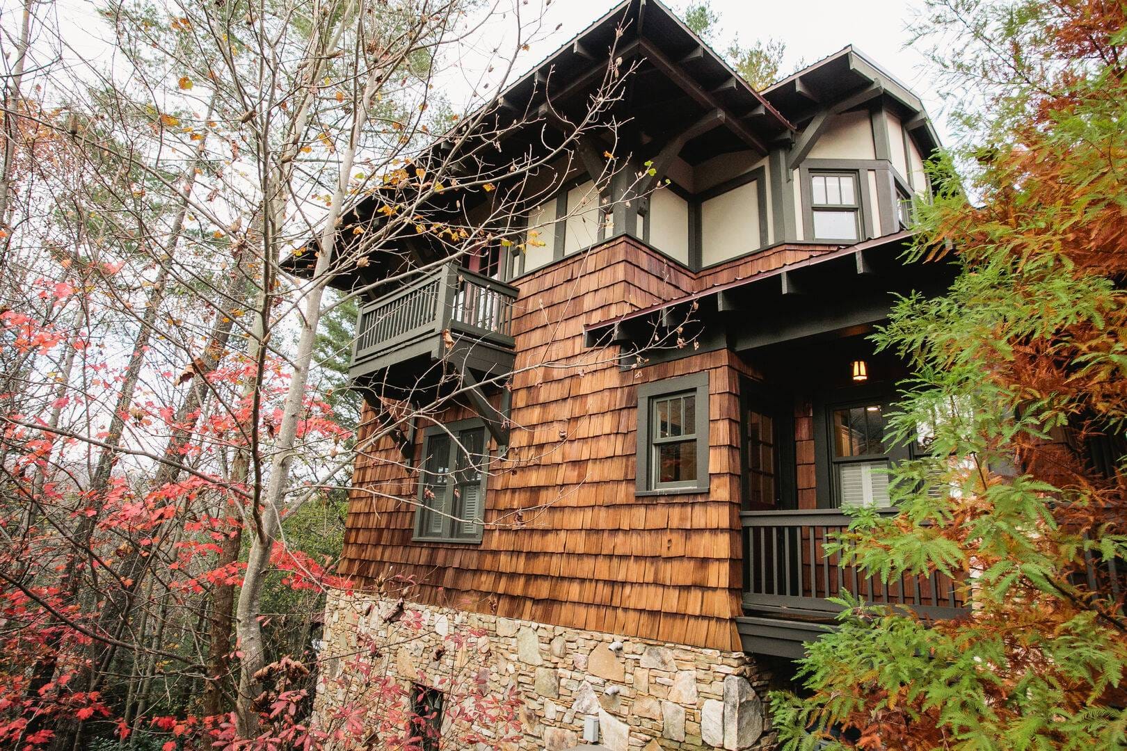 Rustic cabin with wooden siding.