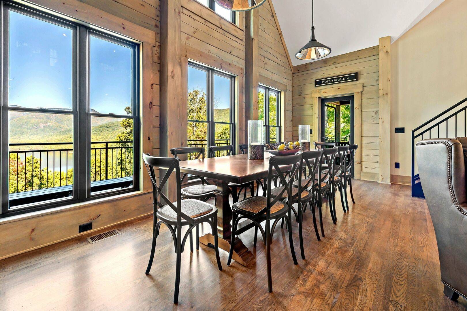 Dining room with large windows.