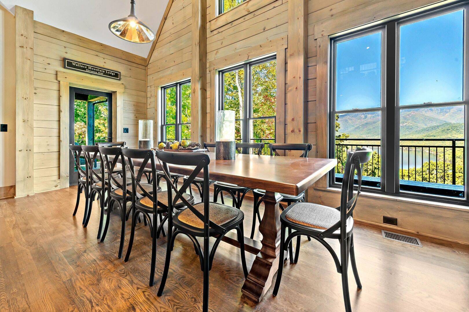 Rustic dining room with mountain view.