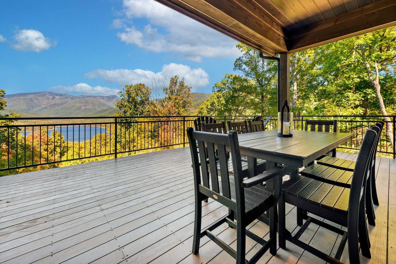 Mountain view from a wooden deck.