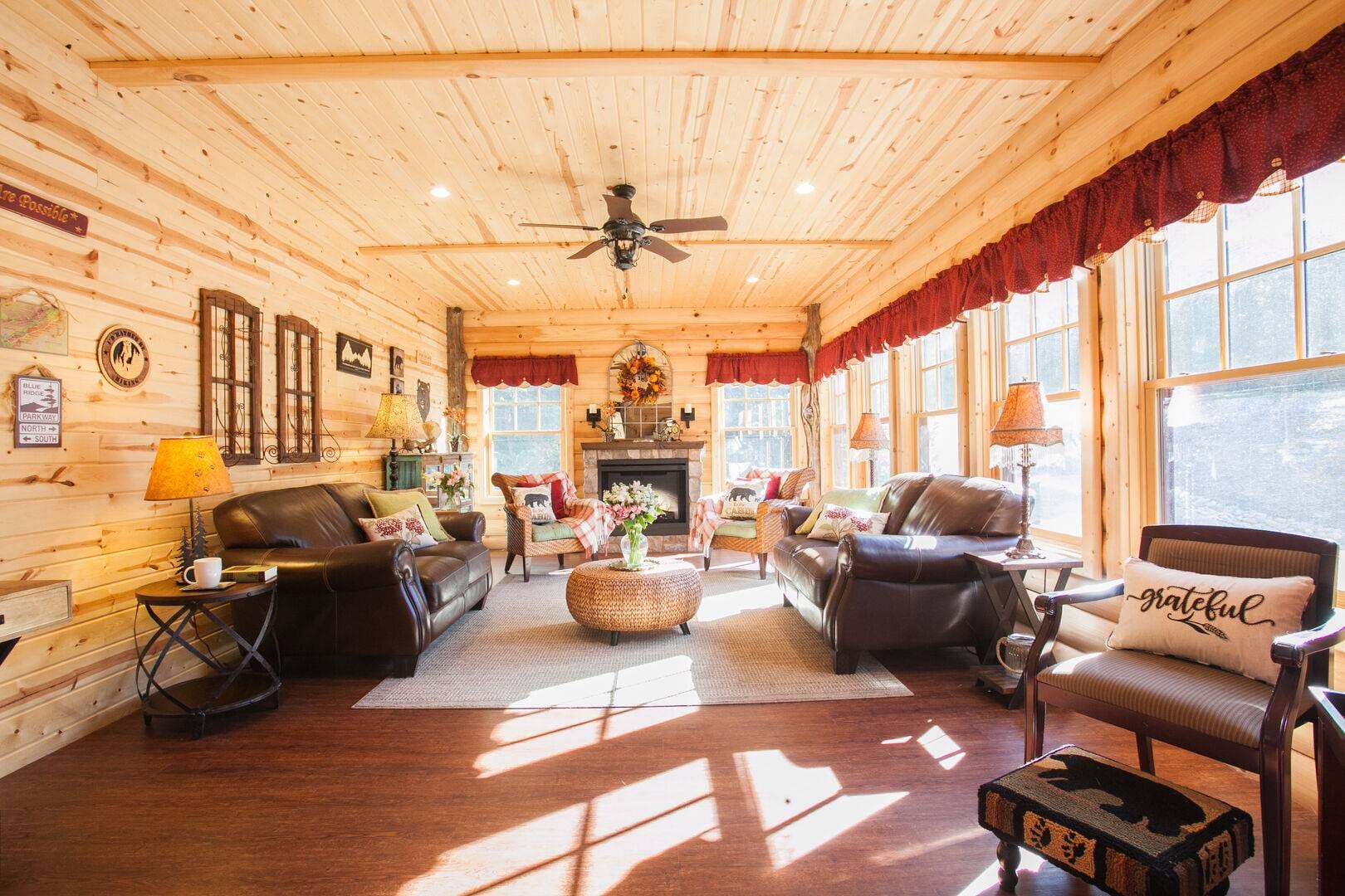 Cozy wooden living room interior.