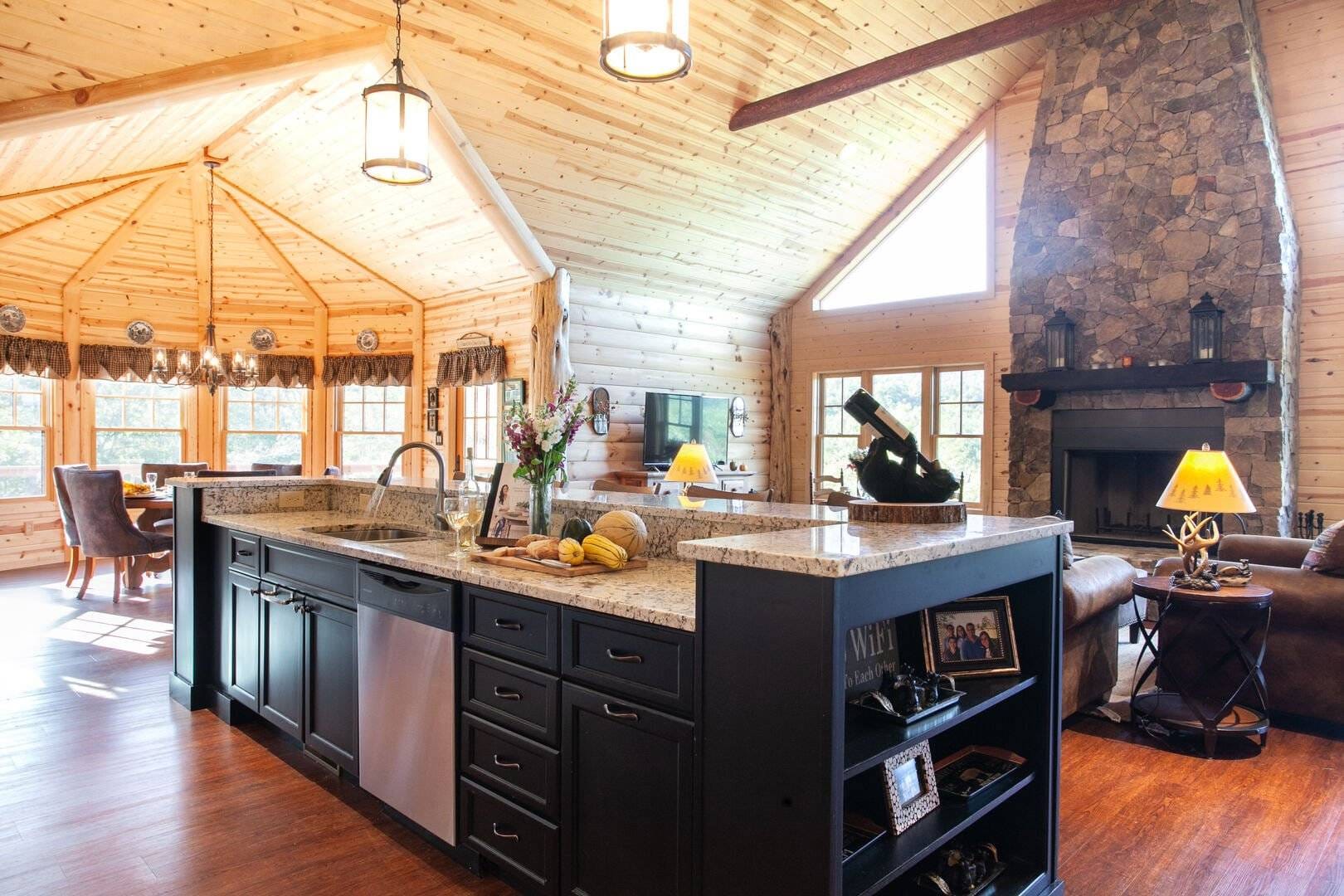 Rustic open-plan kitchen and living.