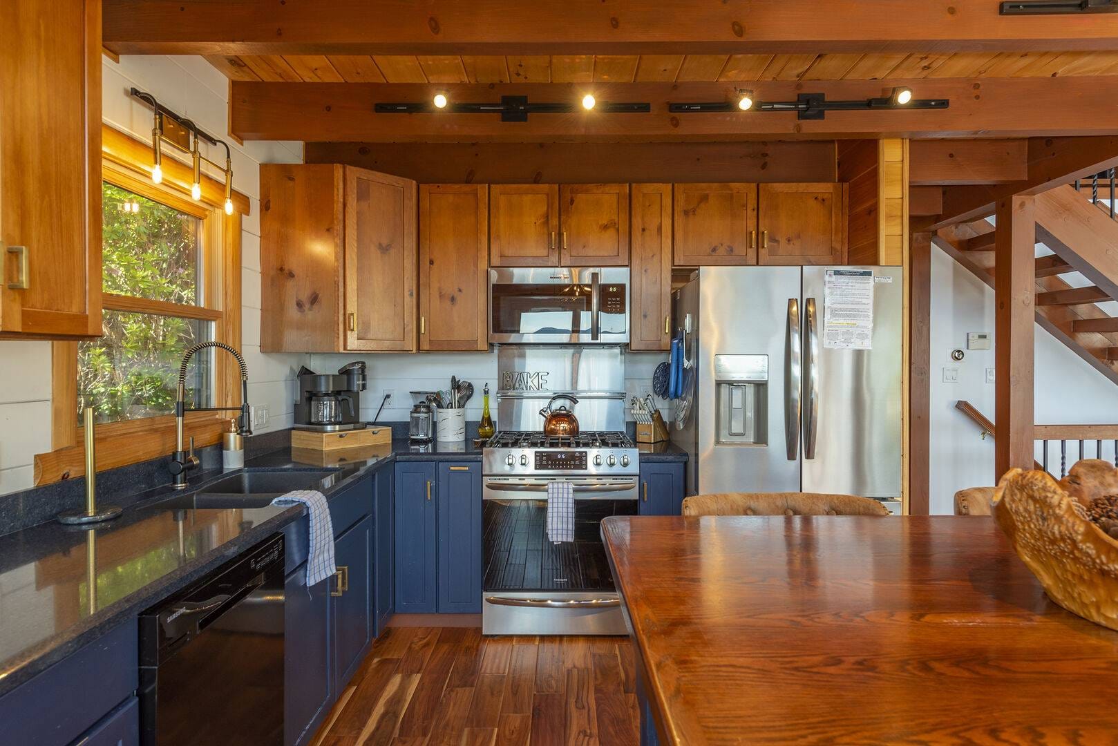 Modern kitchen with wooden cabinets.