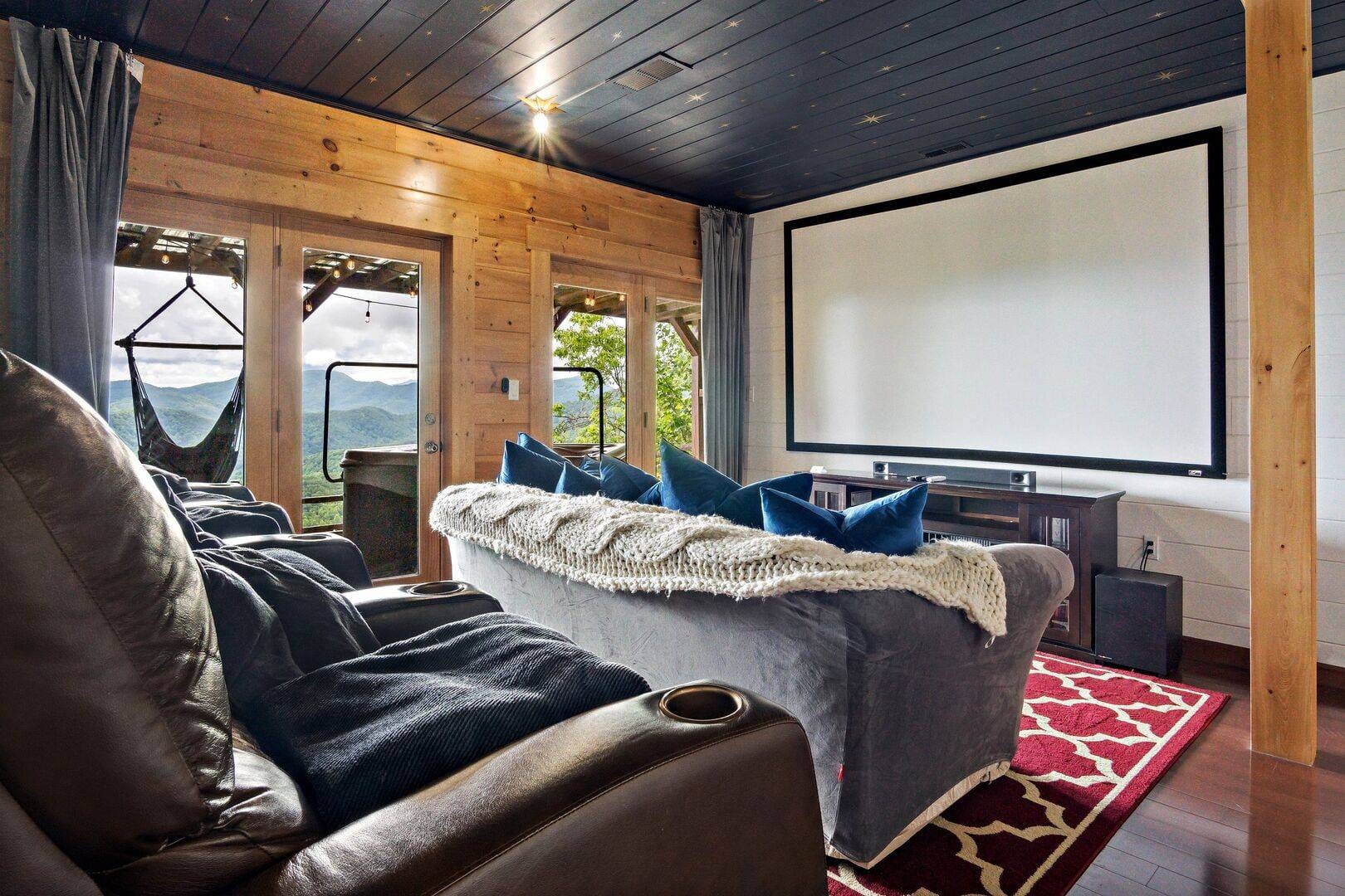 Cozy home theater with mountain view.