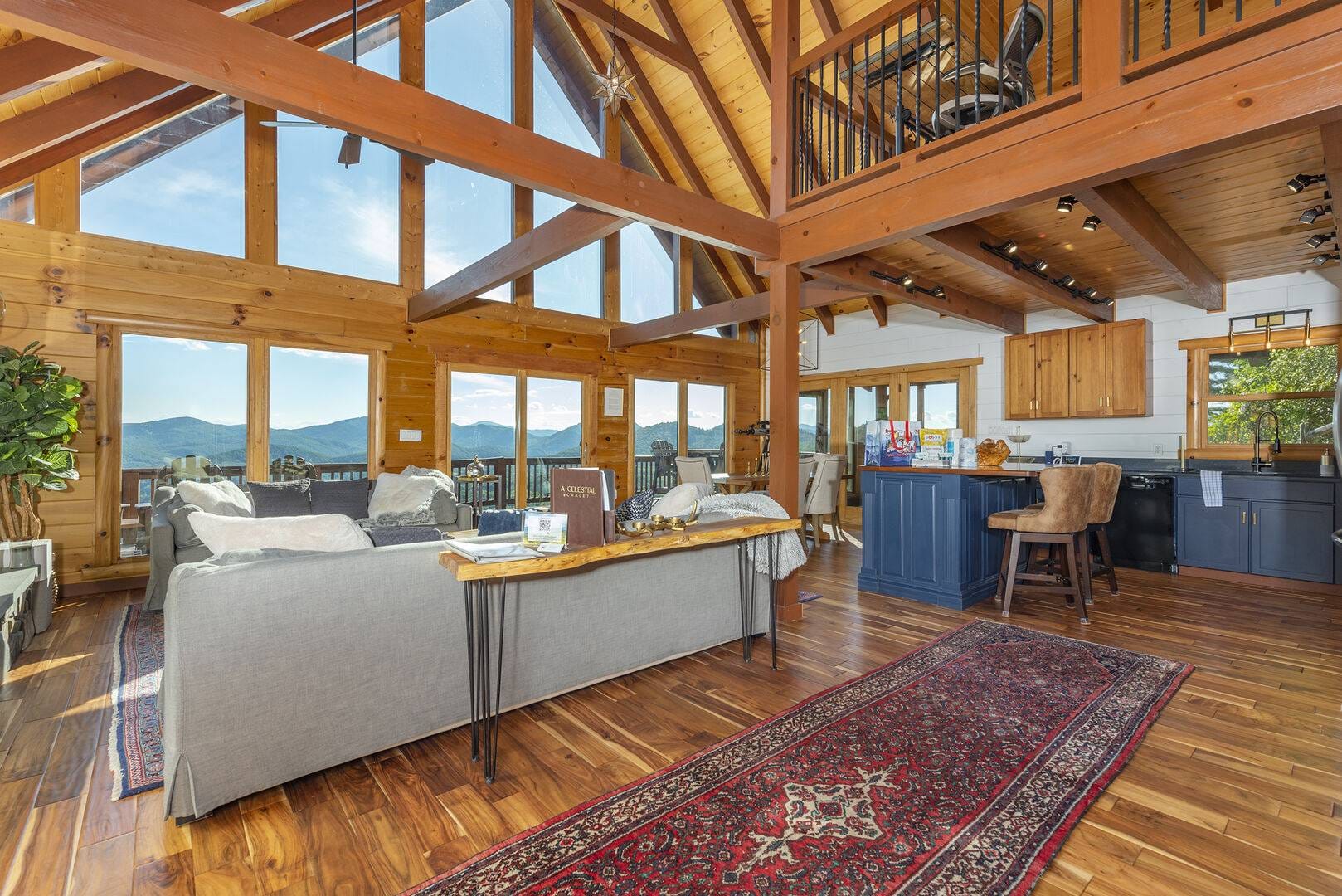 Rustic cabin living area with view.