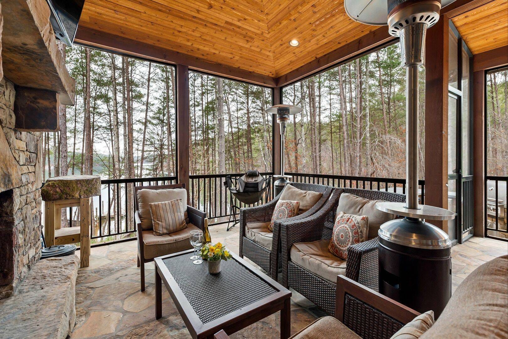 Cozy screened porch with forest view.