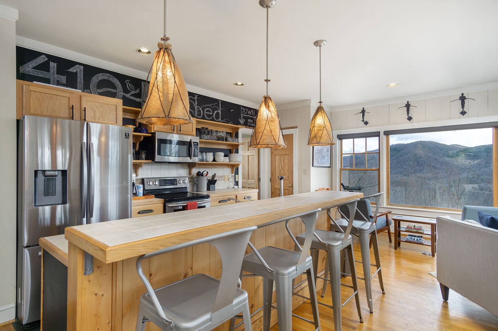 Modern kitchen and living area.