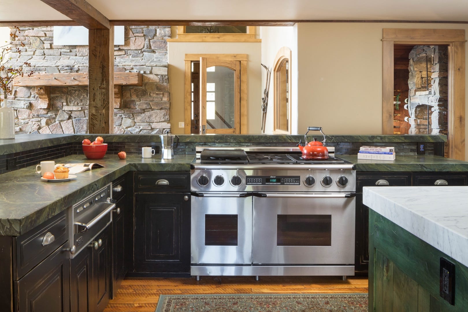 Modern kitchen with stone accents.