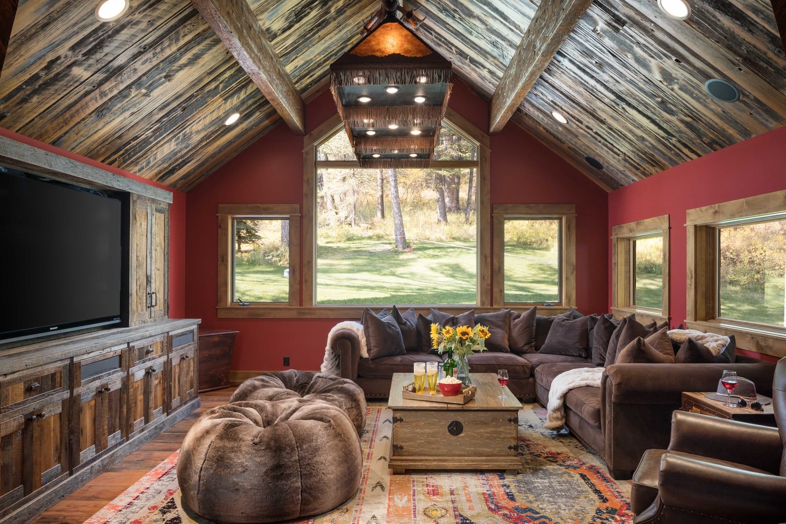 Cozy rustic living room with TV.