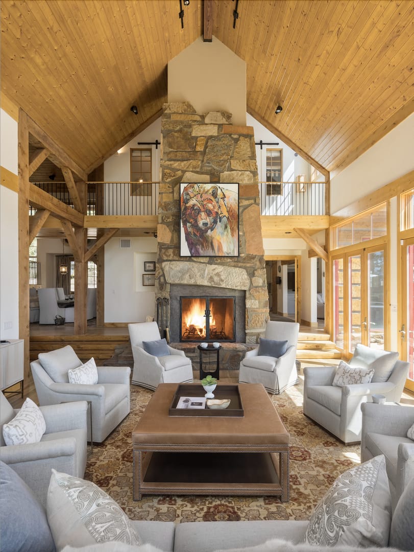 Rustic living room with fireplace.