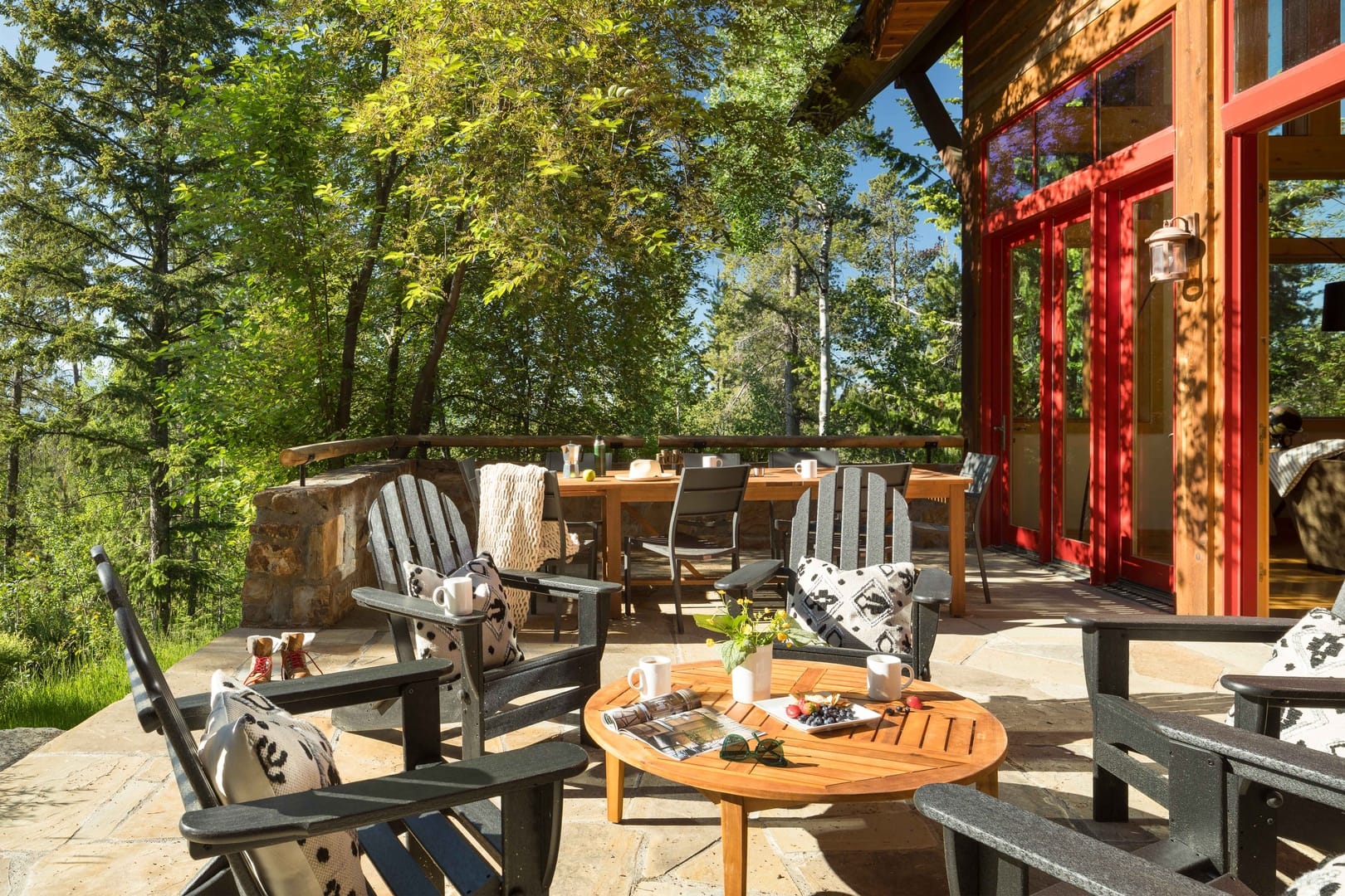 Cozy outdoor patio with furniture.