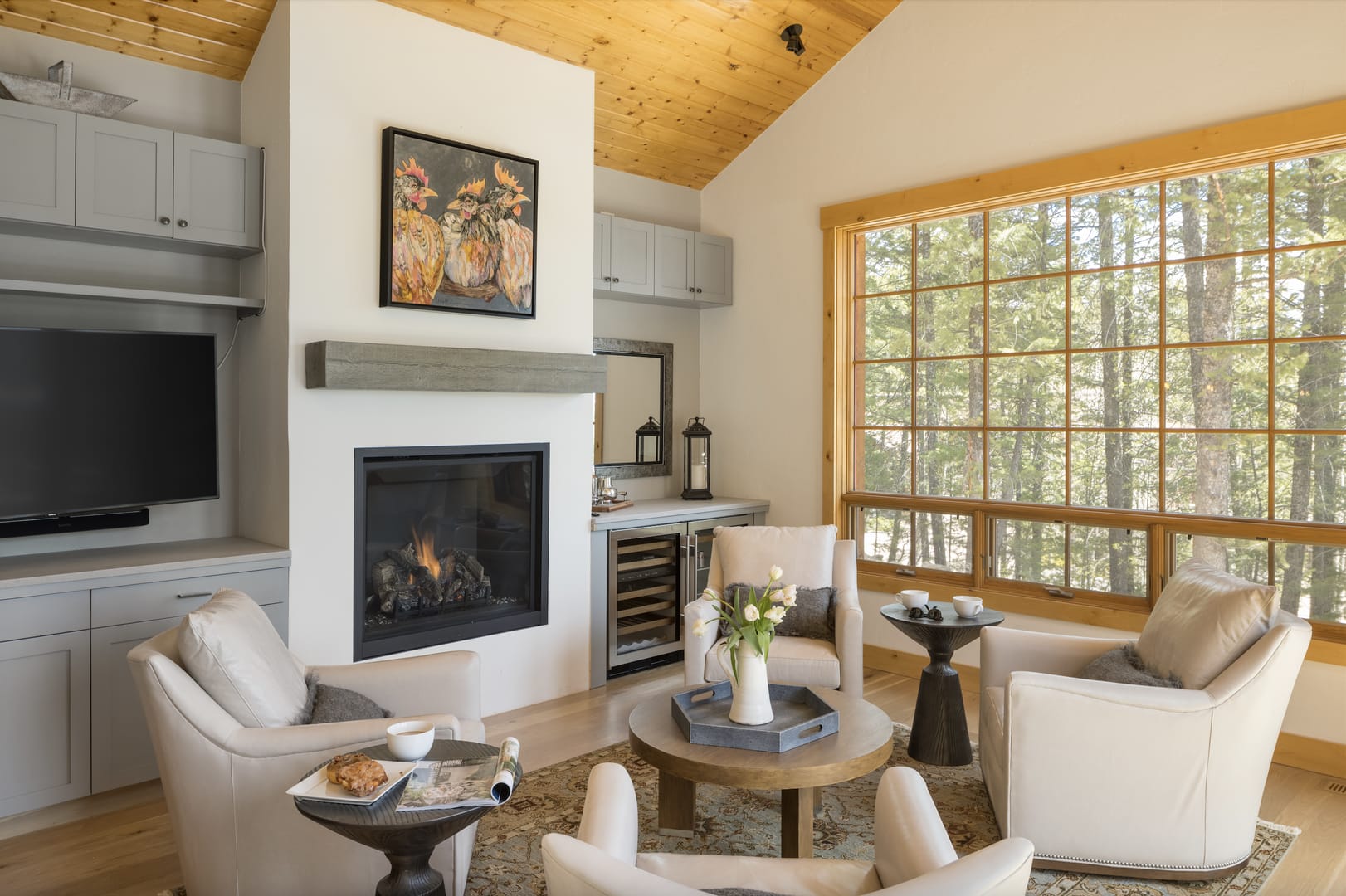 Cozy living room with fireplace.