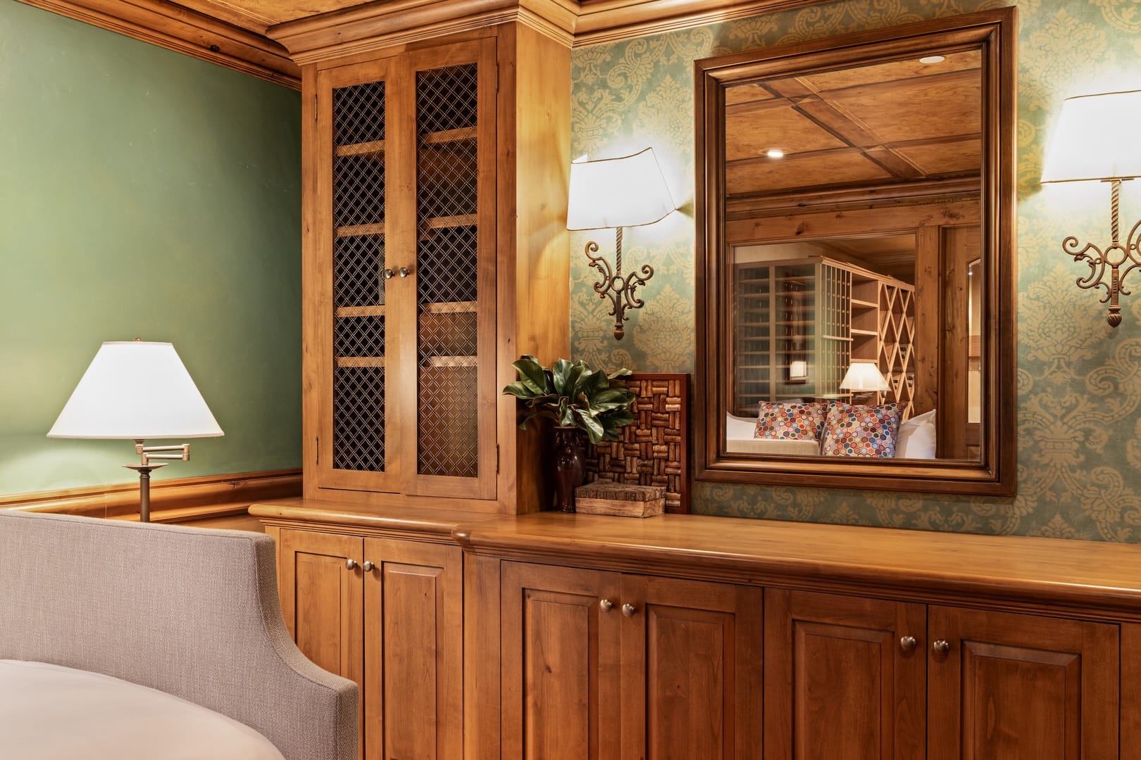 Cozy room with wooden cabinetry.