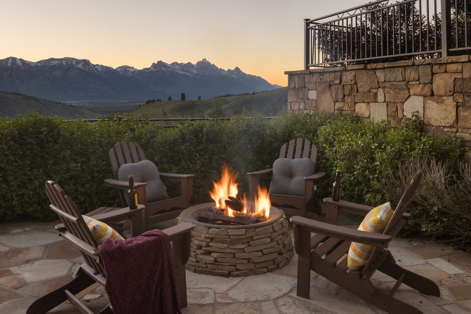 Patio fire pit with mountain view.