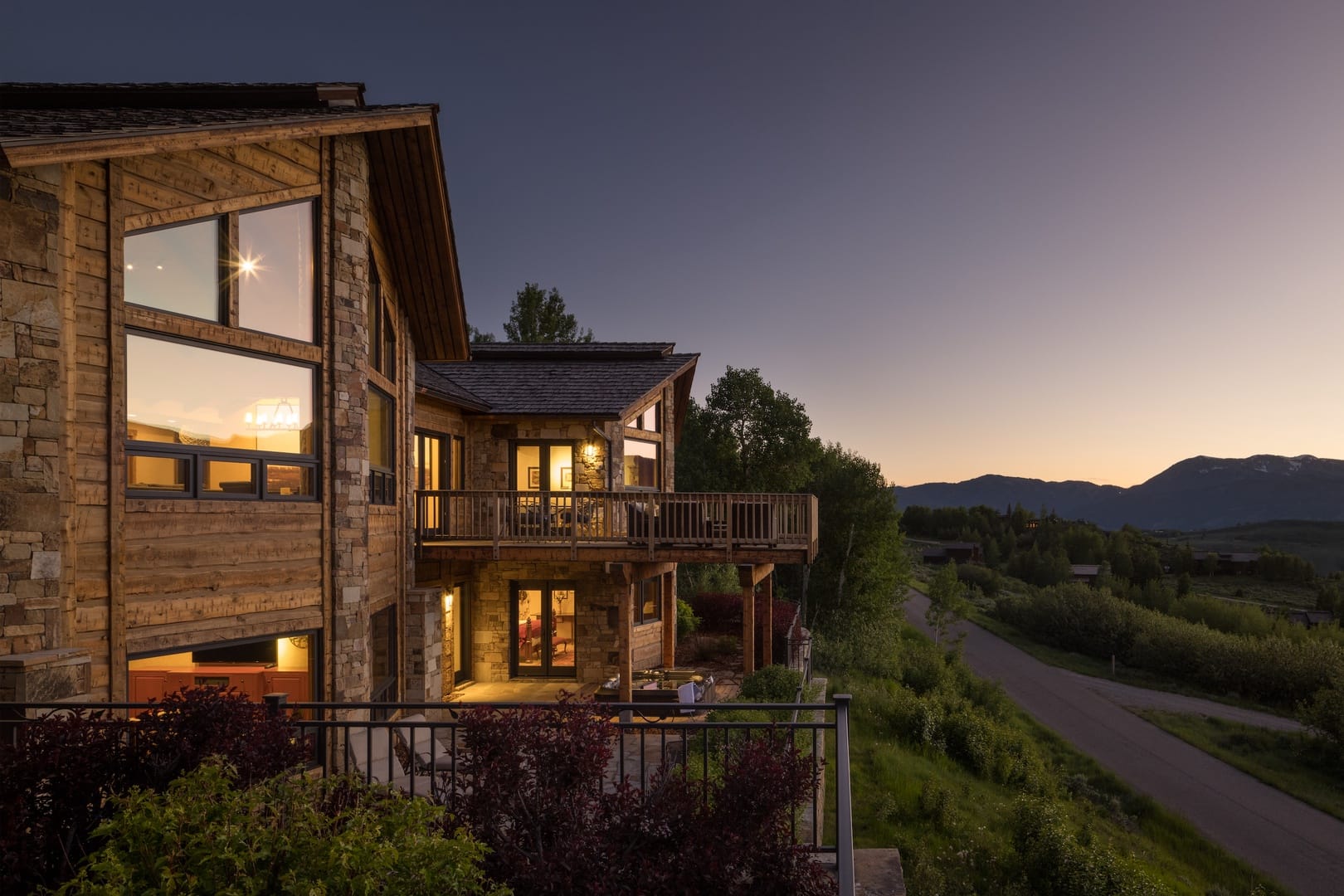 Rustic house at dusk scenic view.