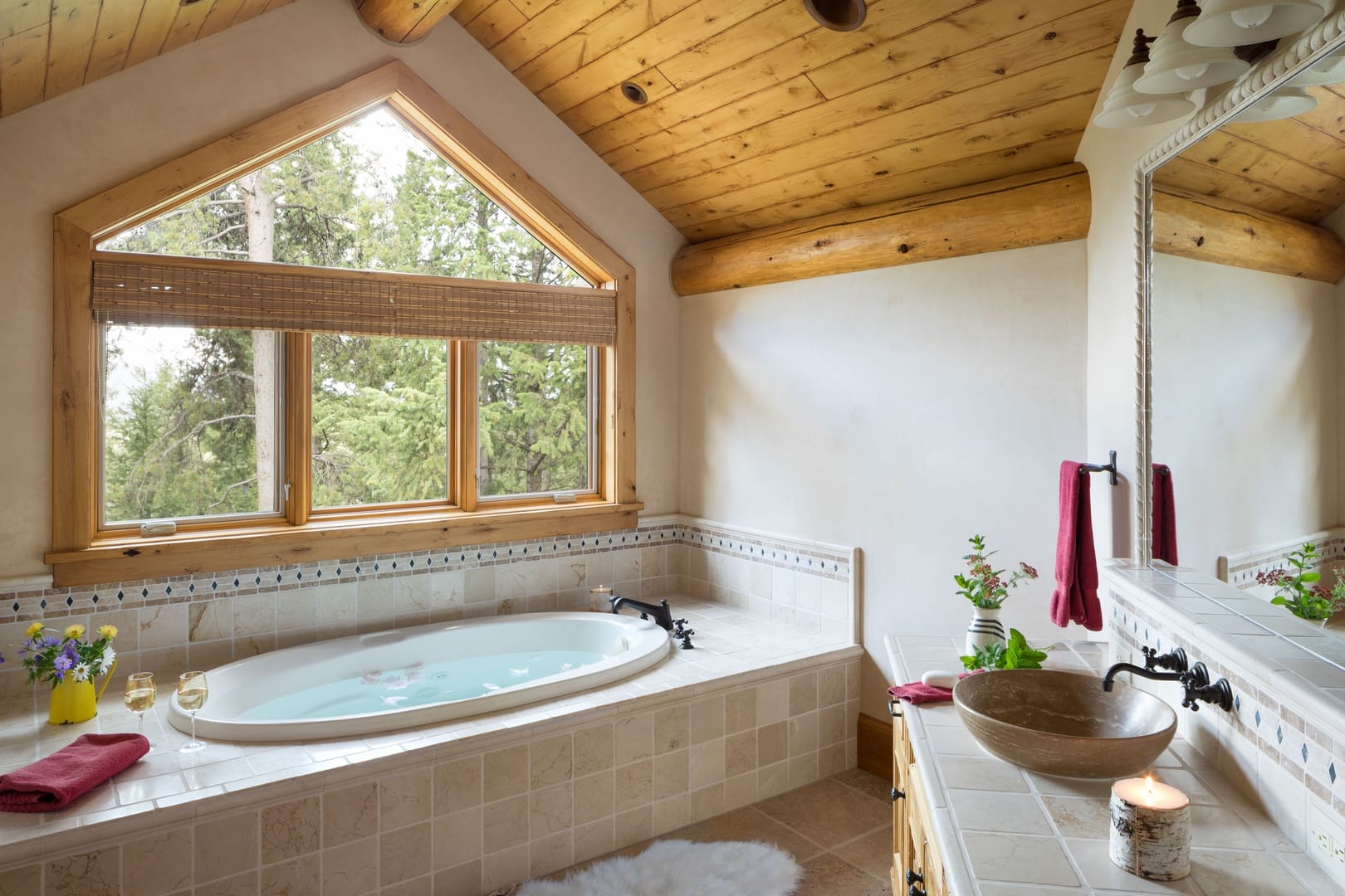 Rustic bathroom with triangular window.