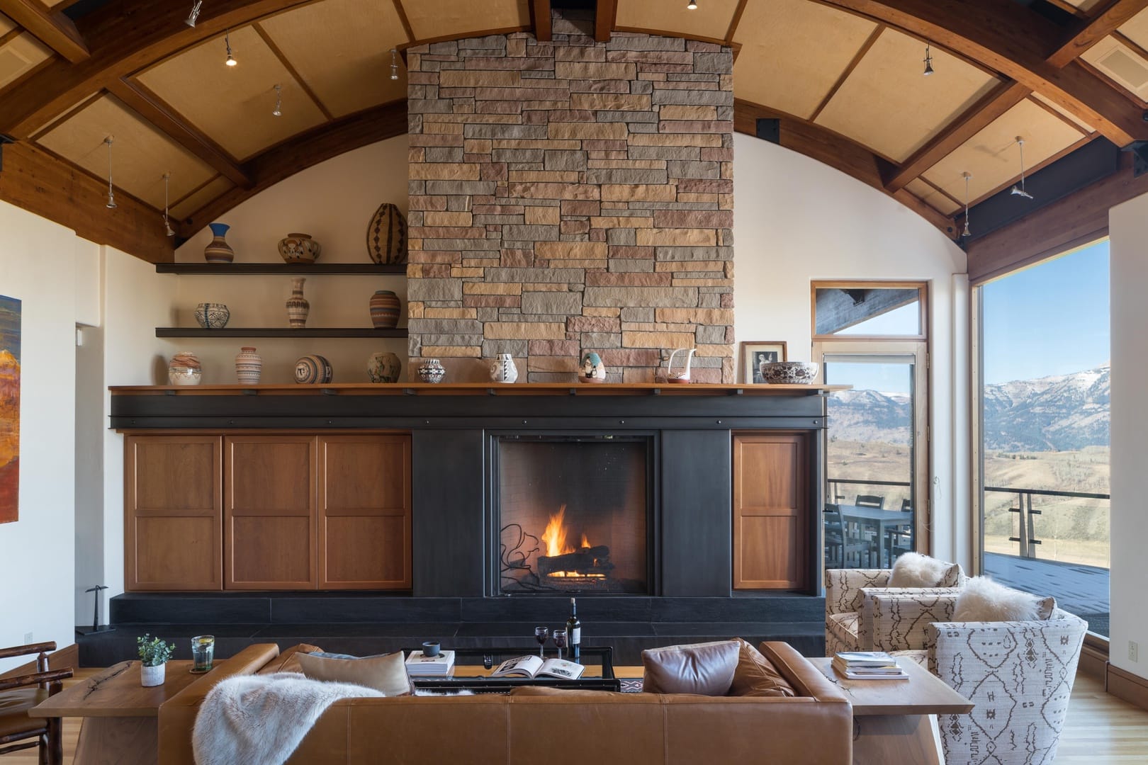 Cozy living room with fireplace.