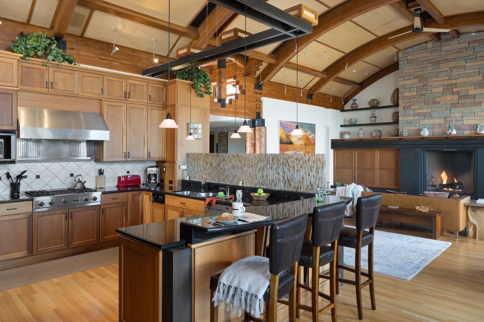 Modern kitchen with wooden cabinetry.