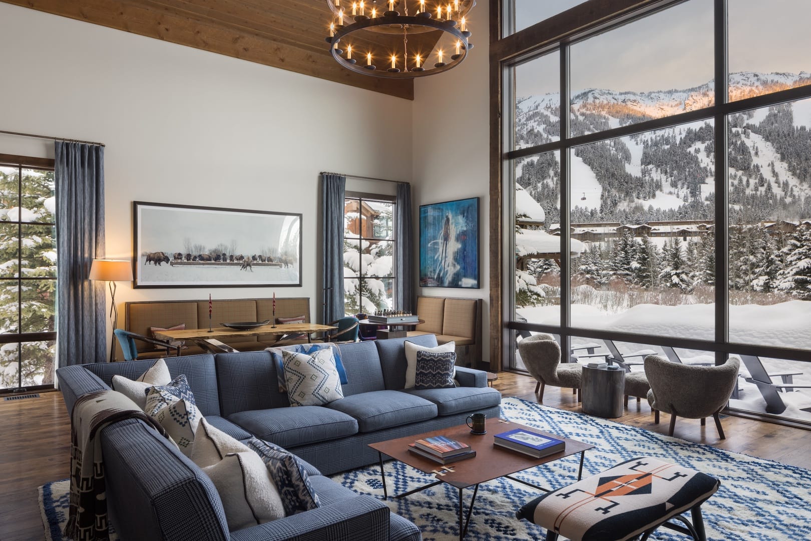 Cozy living room with snowy view.