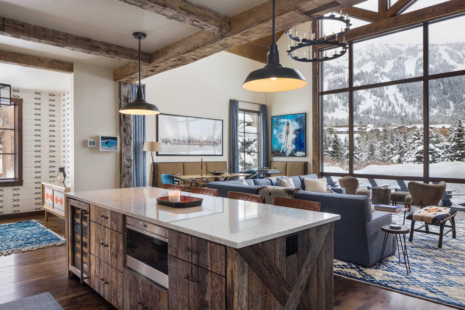 Rustic living room with snowy view.