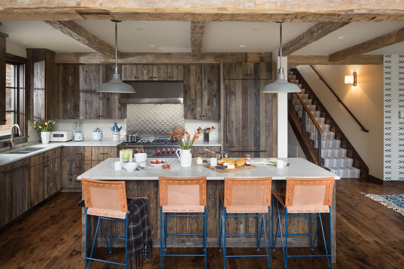 Rustic kitchen with island seating.