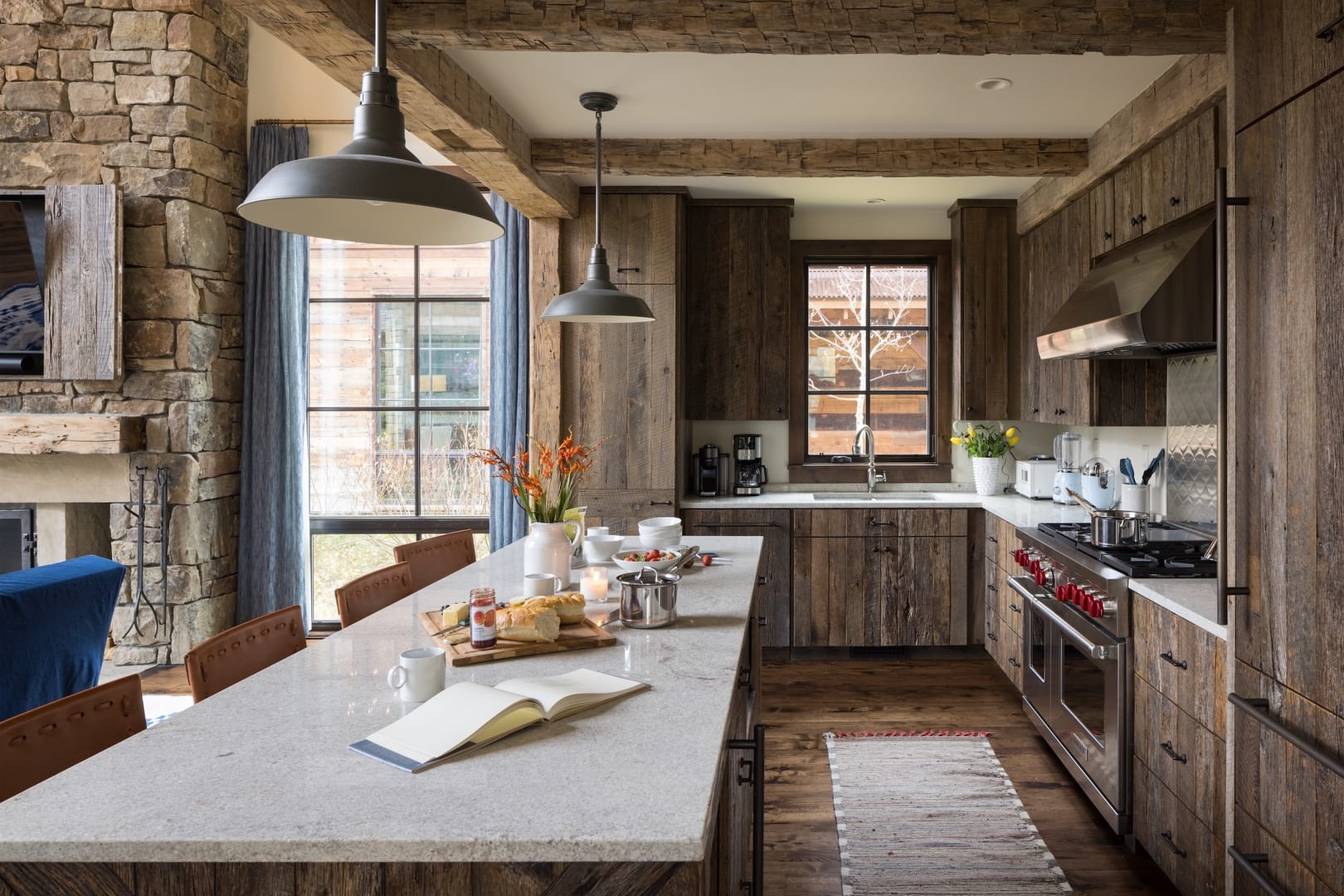 Rustic kitchen with wooden cabinets.