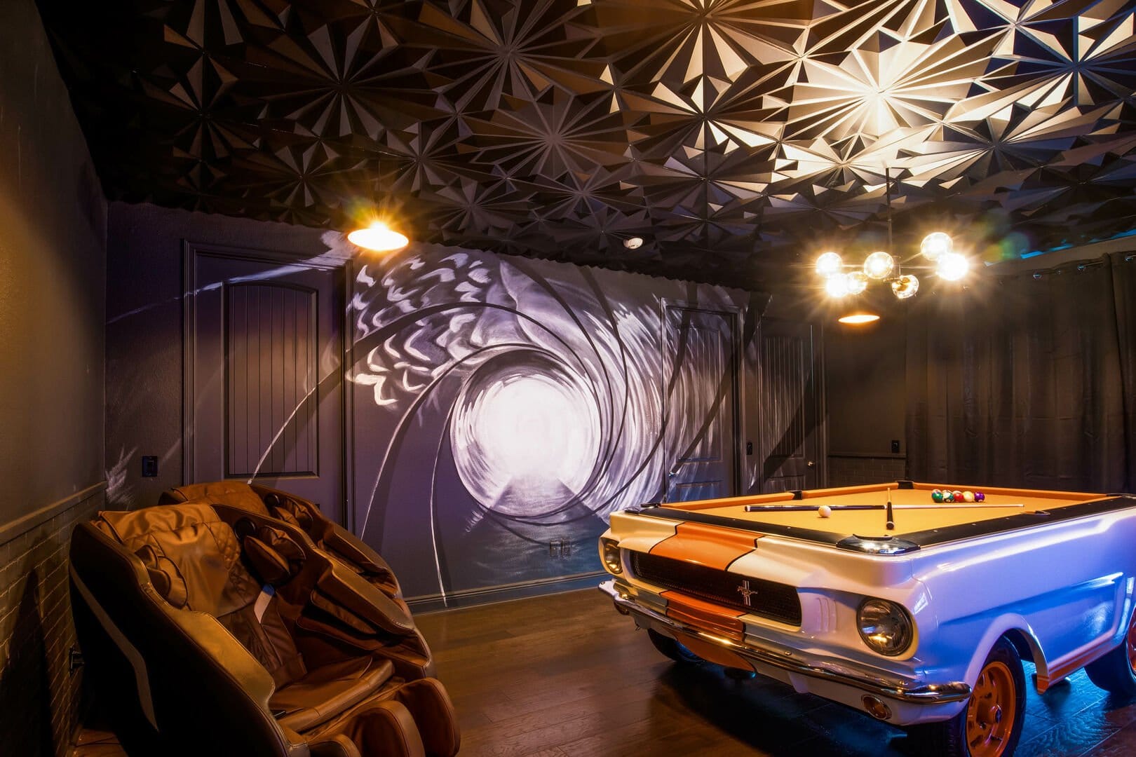 Futuristic game room with car pool table.