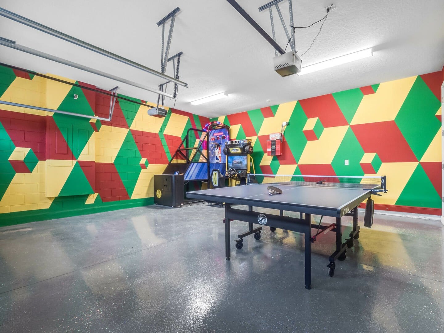 Colorful game room with ping pong.