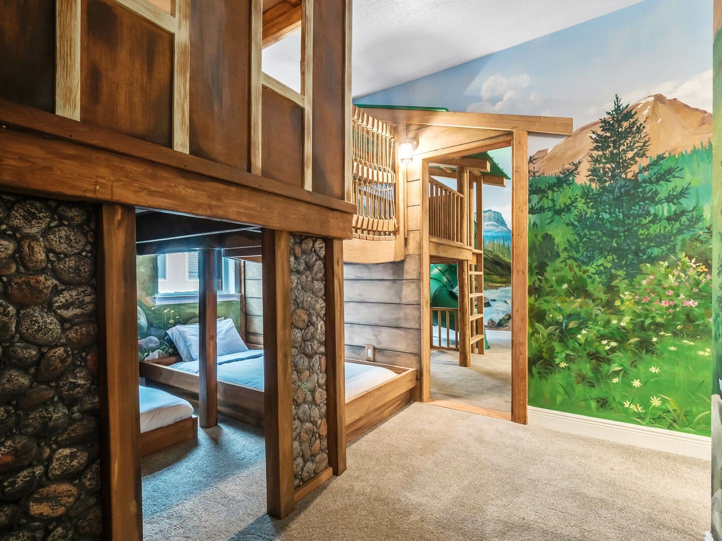 Nature-themed children's bunk bedroom.