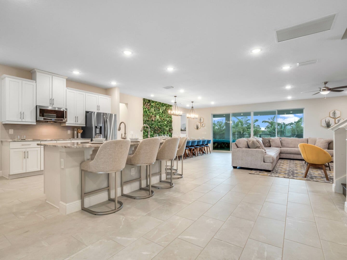 Open-concept kitchen and living room.