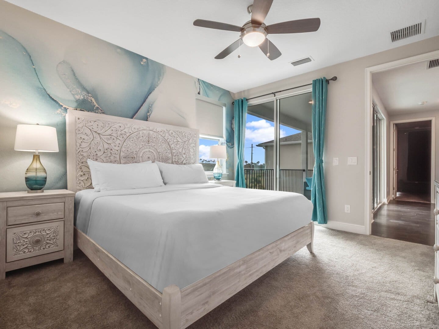 Modern bedroom with abstract wall art.