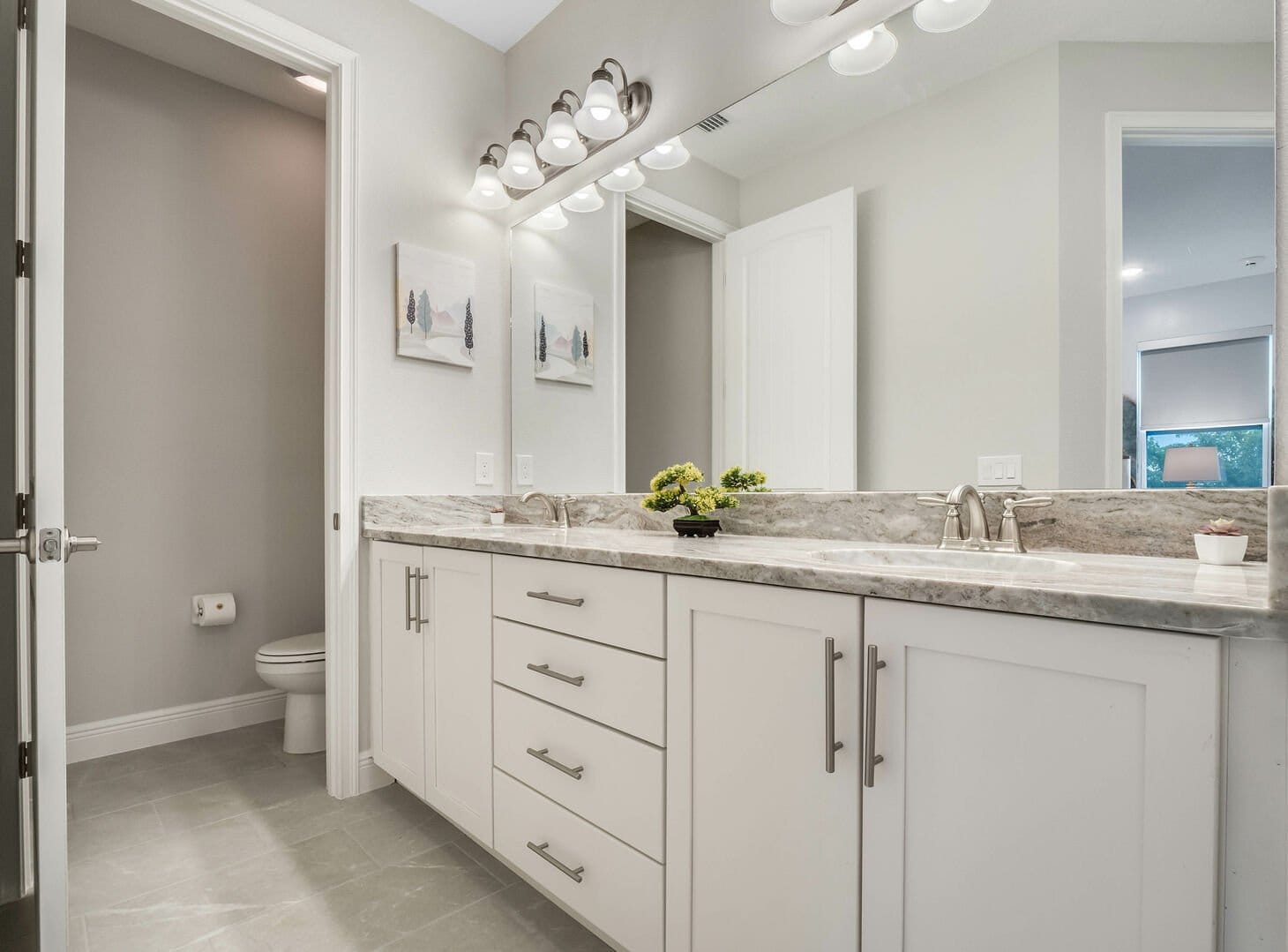 Modern bathroom with double vanity.