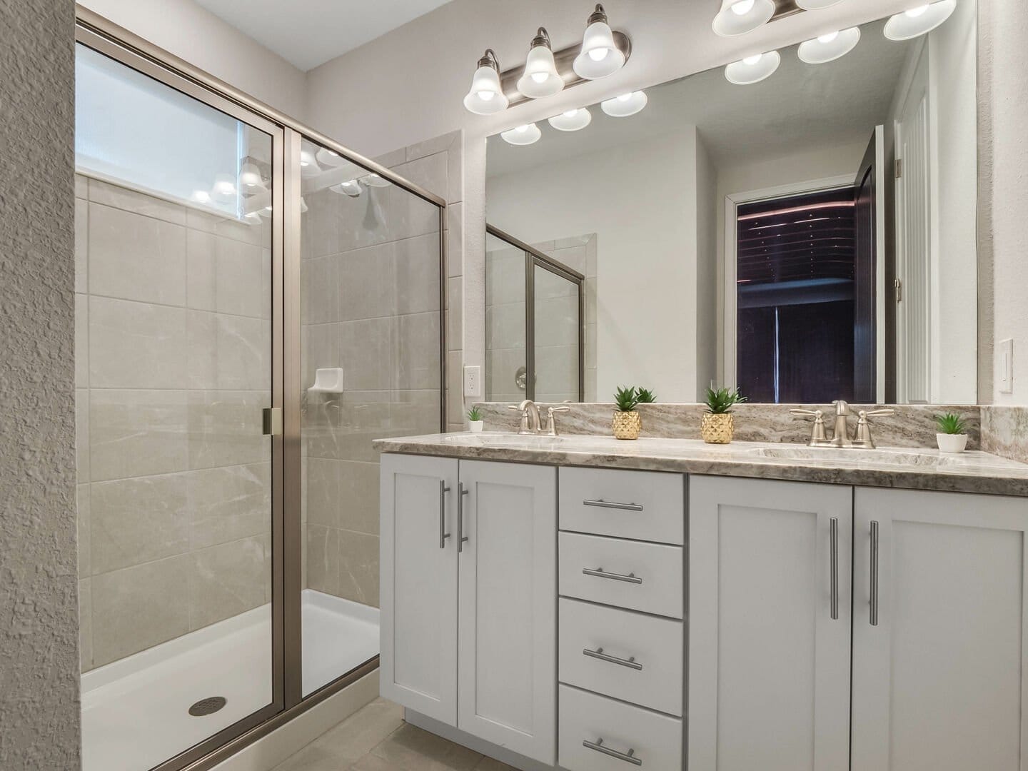 Modern bathroom with double vanity.