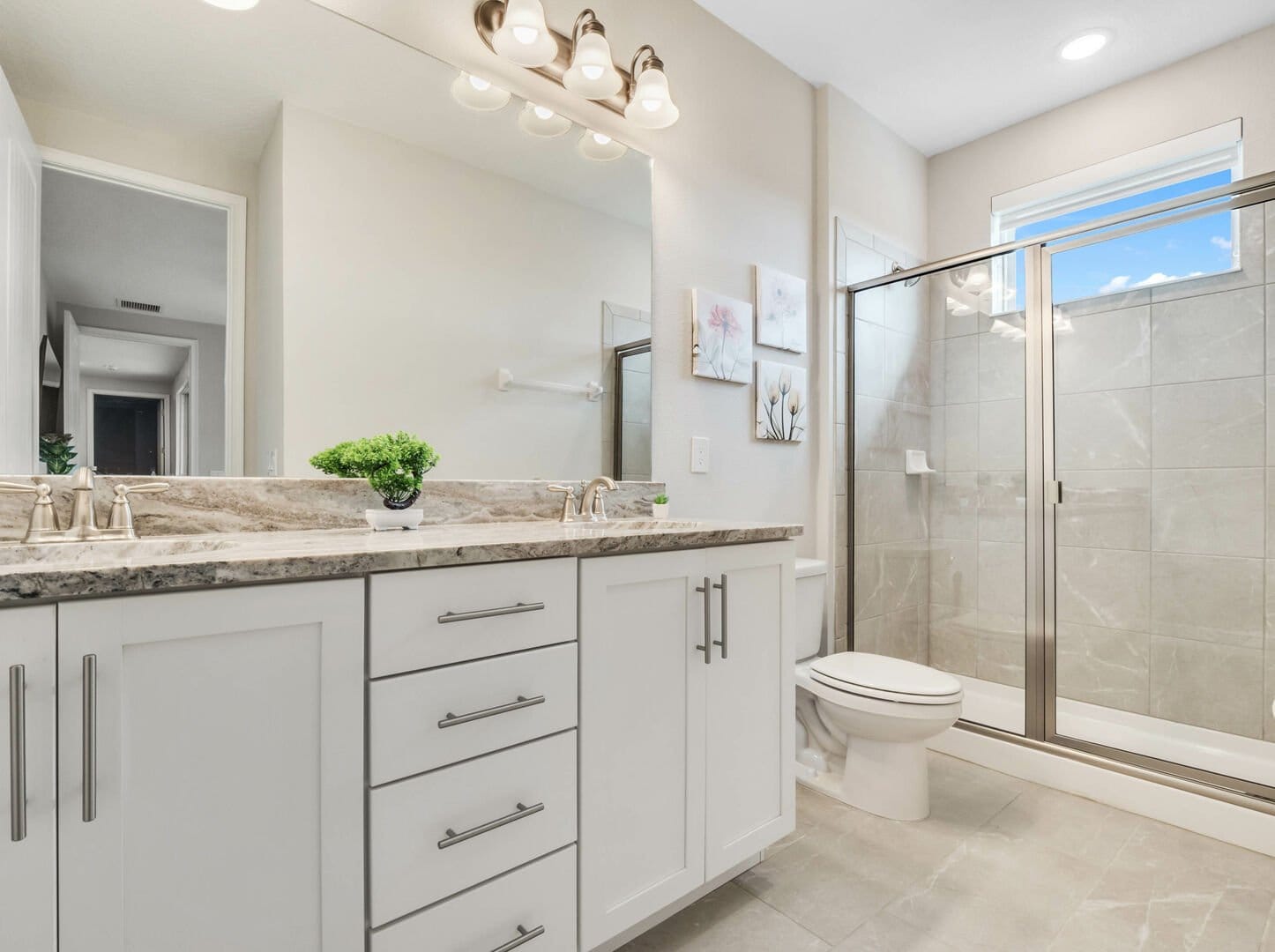 Modern bathroom with glass shower.