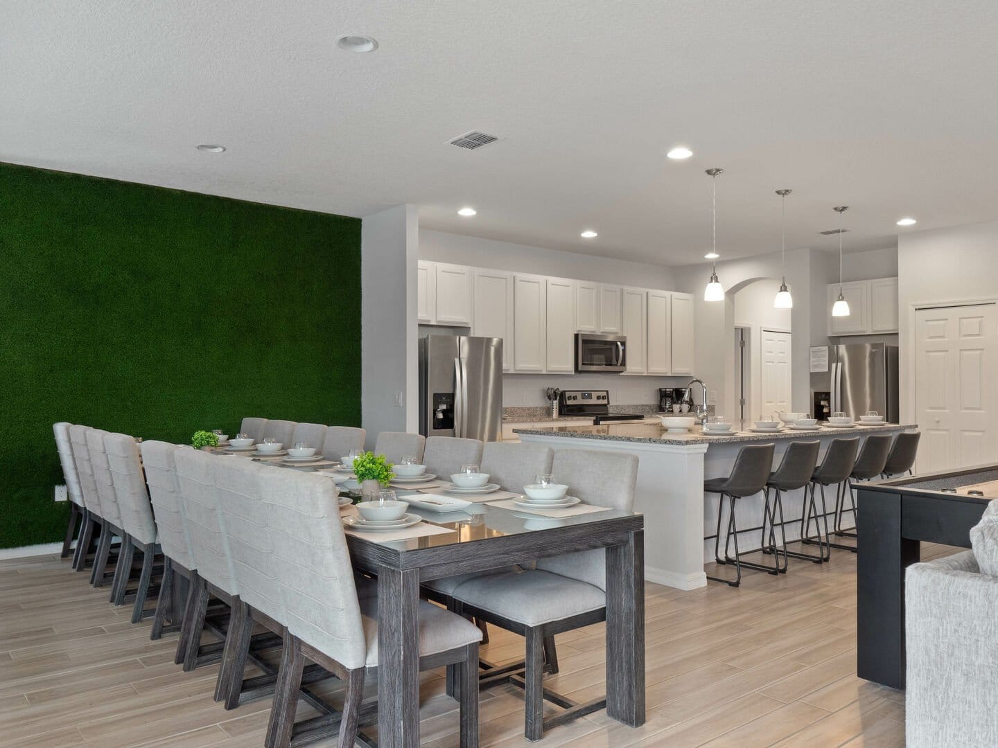 Modern kitchen and dining area.