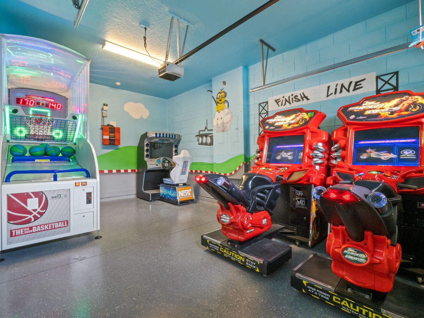 Colorful arcade game machines room.