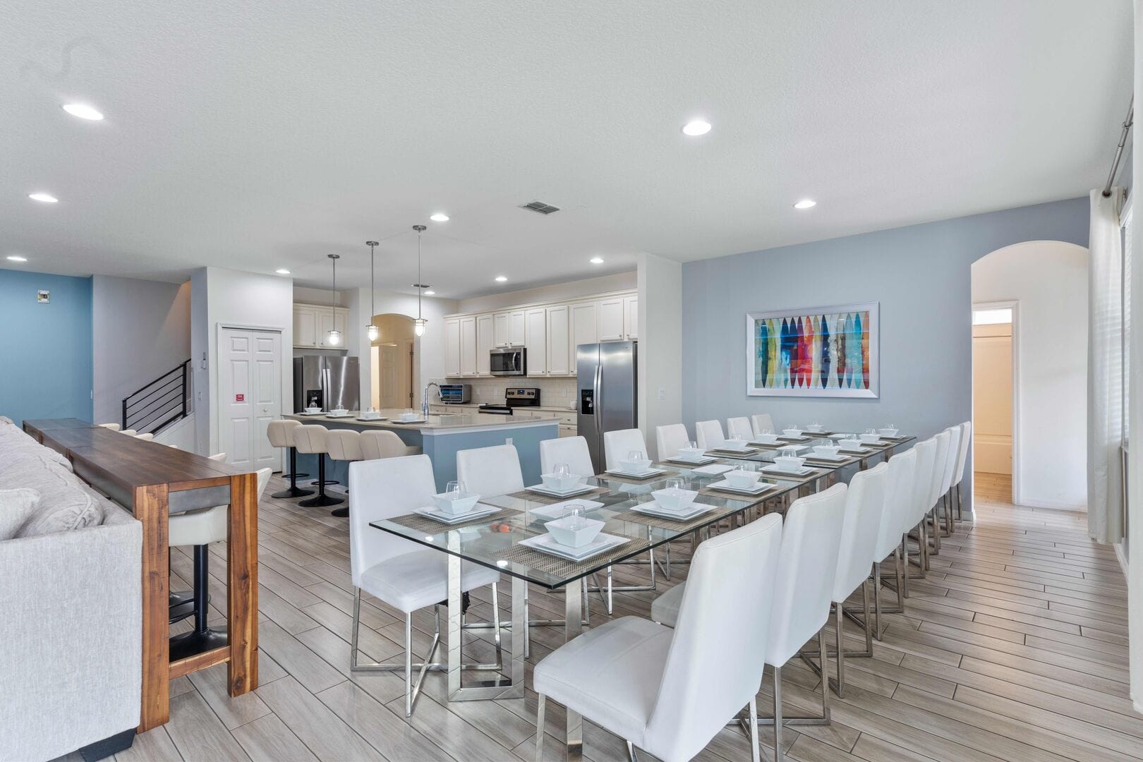 Modern kitchen and dining area.