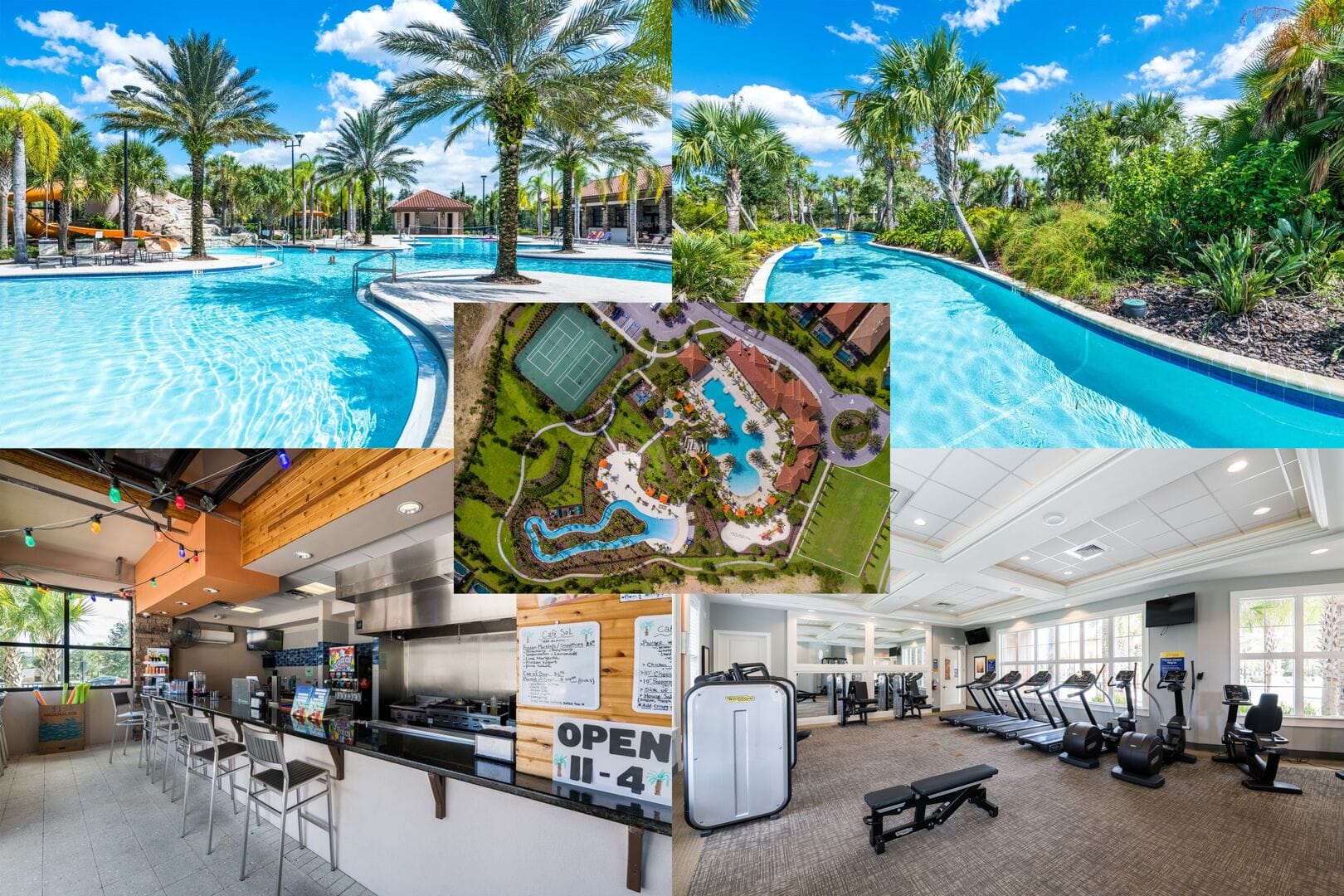 Resort pools, aerial view, gym, café.